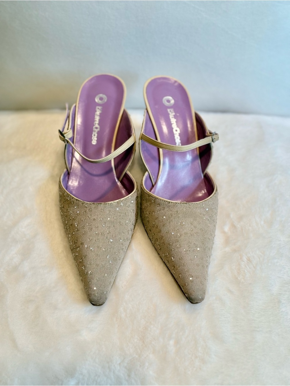 L'Autre Chose Beige Embellished Pointed Toe Slide Kitten Heels Size 37